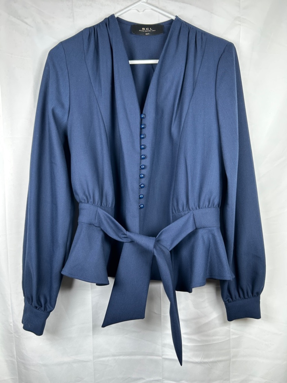 BGL Navy Blue Peplum Blouse with Tie Waist Small Buttons Wool Blend Workwear